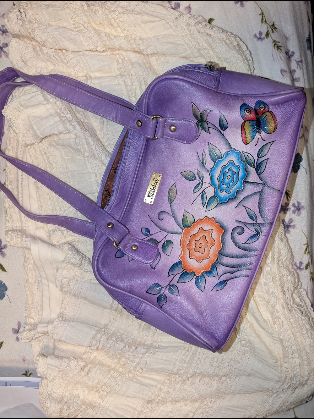 Shishka Hand Painted Purple Floral Handbag with Butterfly Accent